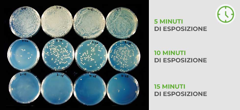Riduzione della carica batterica in funzione del tempo di esposizione alla fotocatalisi