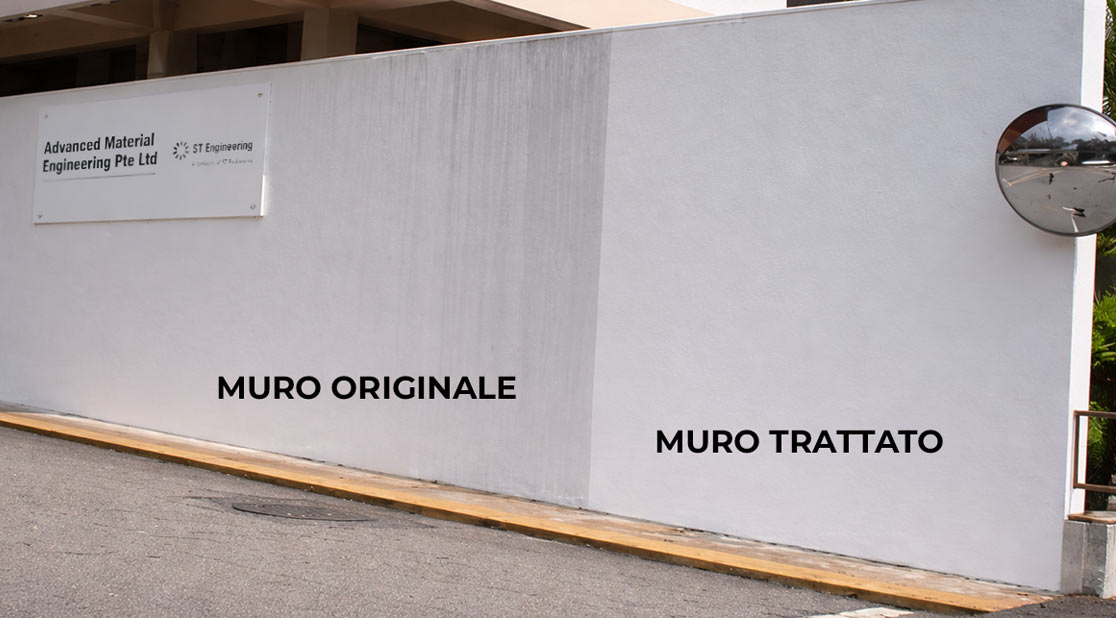 Confronto tra muro originale e muro trattato con rivestimento fotocatalitico